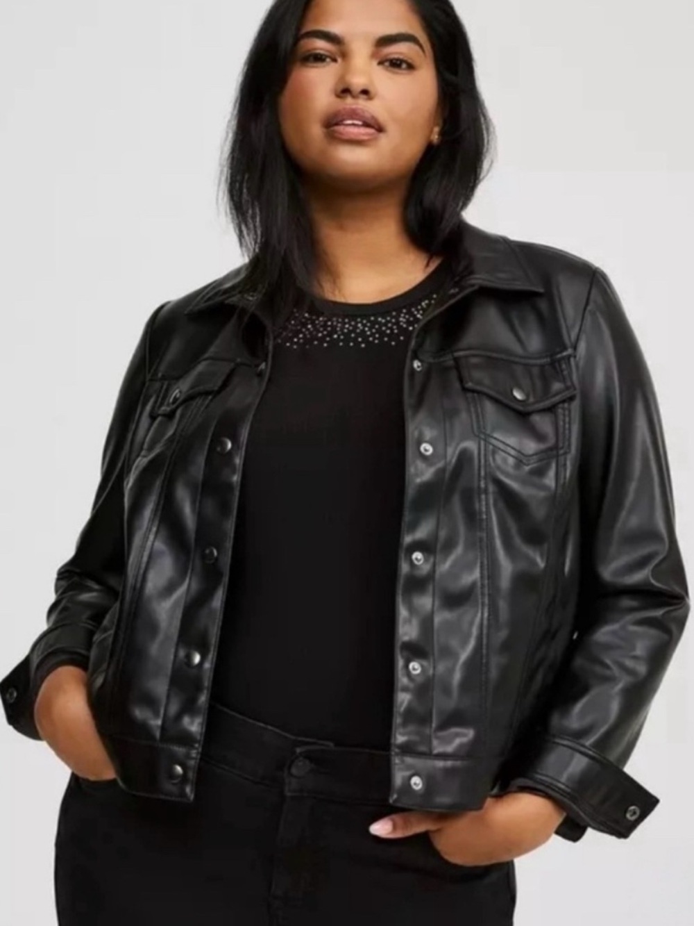 Torrid Black Leather Trucker Jacket with Structured Shoulders NWT